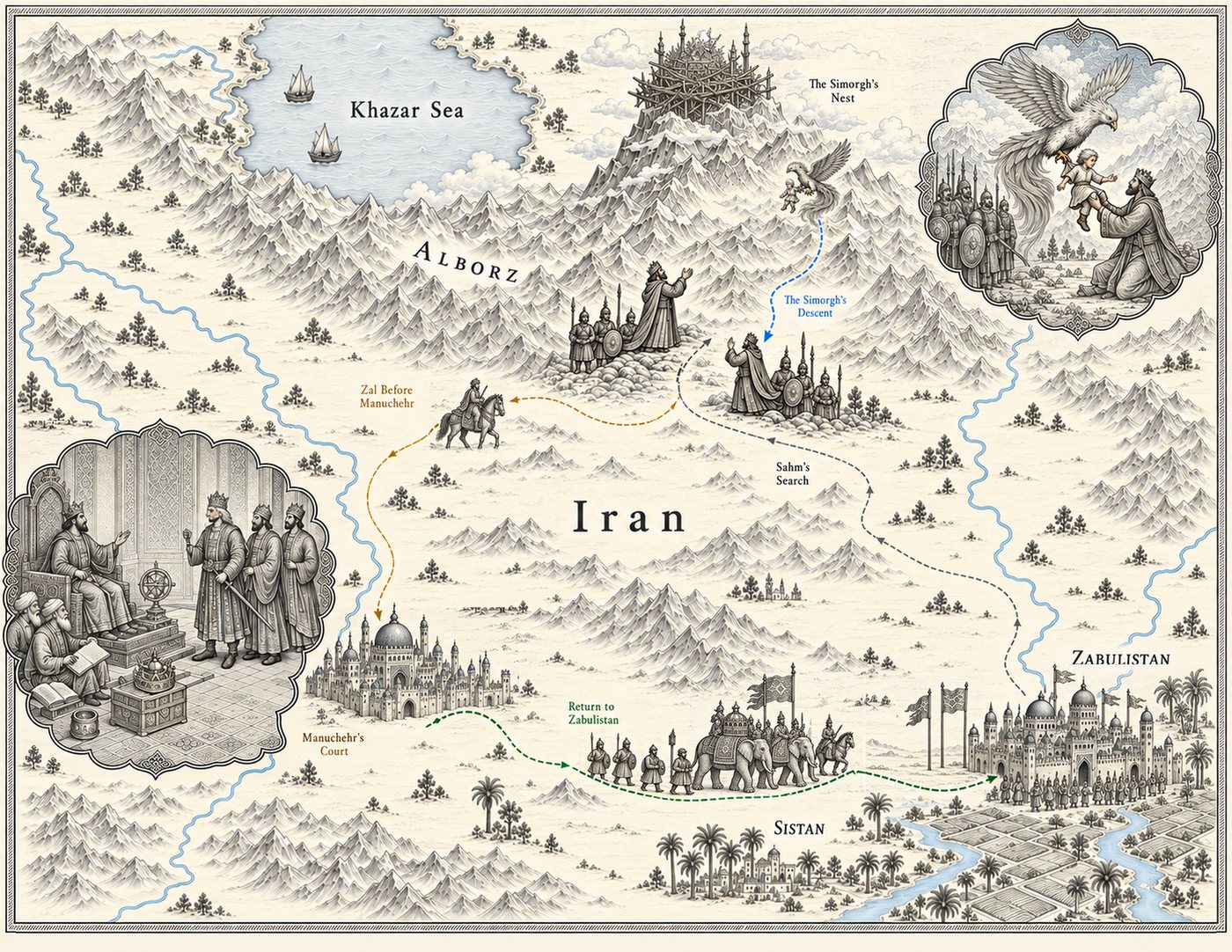 Map: Zal’s birth: Alborz, the Simorgh’s nest, Manuchehr’s court and Zabulistan
