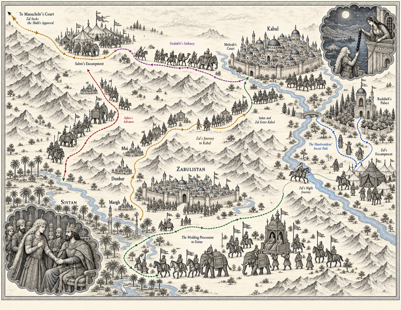 Map: Zal and Rudabeh: Zabulistan, Kabul, Rudabeh’s palace and Sahm’s camp