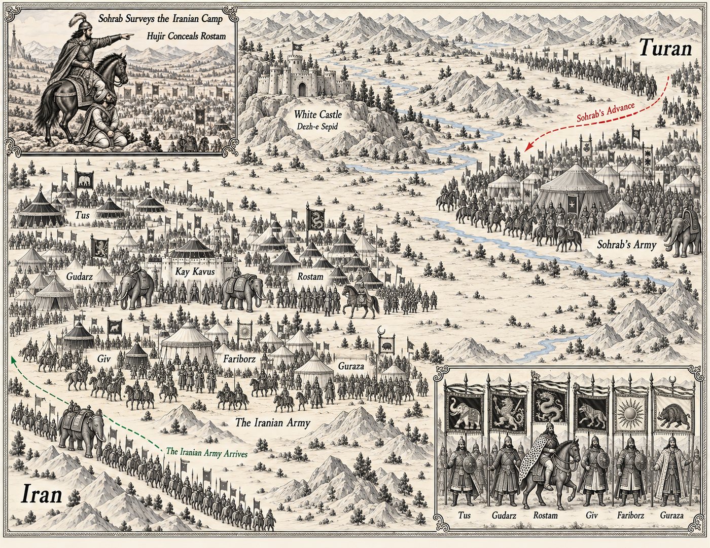 Map: the Iranian camp and Sohrab’s army before the White Fortress