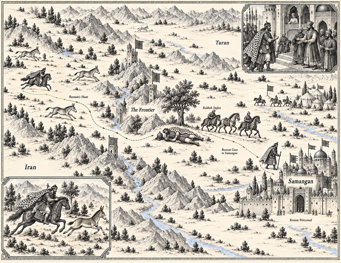 Map: Rostam’s hunt on the frontier and his road to Samangan