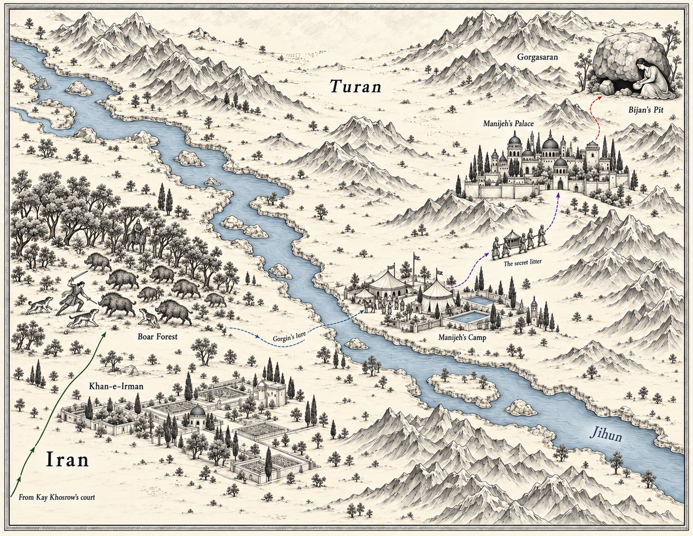 Map: the capture of Bijan, from Iran across the Jihun into Turan