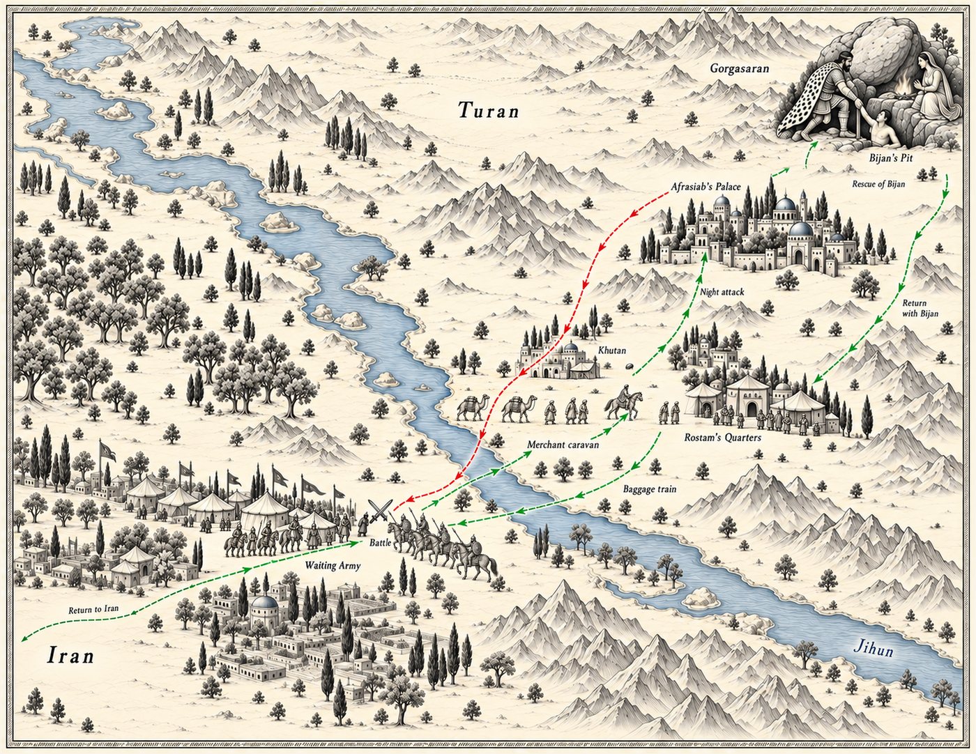 Map: the rescue of Bijan, from Iran across the Jihun into Turan