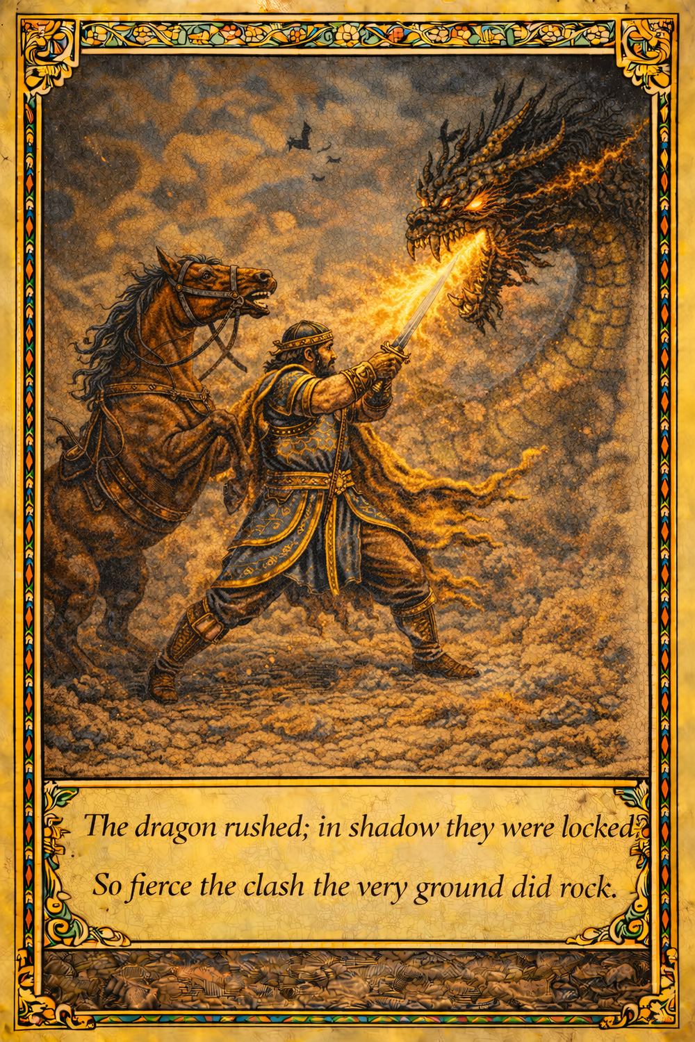 Illuminated card: Rostam and Rakhsh fight the dragon