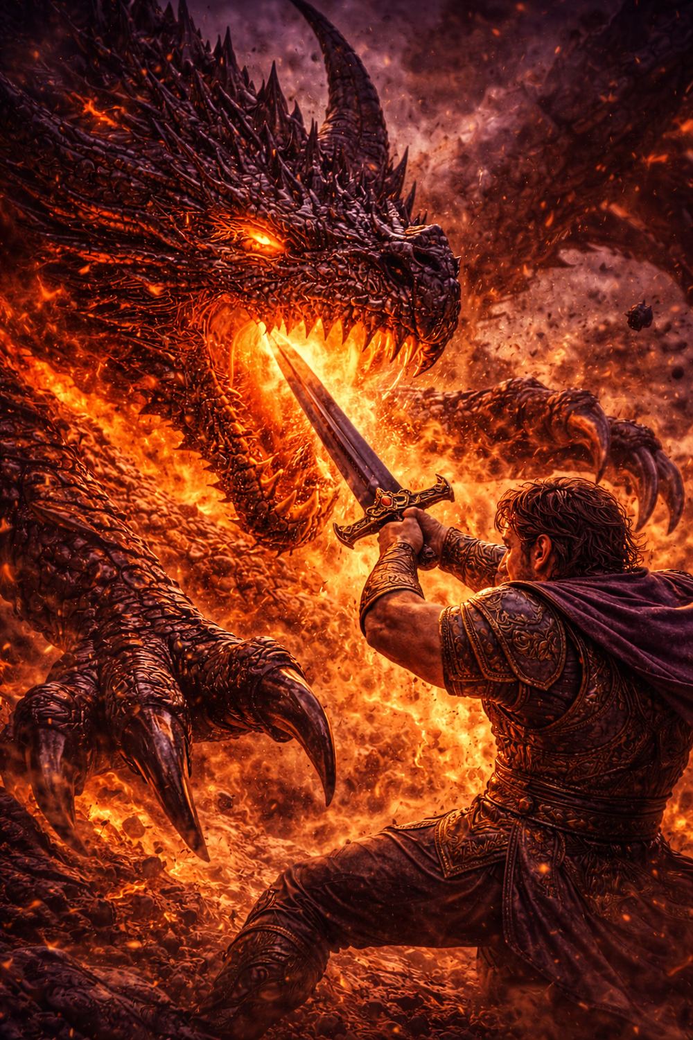 Manga panel: Rostam drives his sword into the fire-breathing dragon