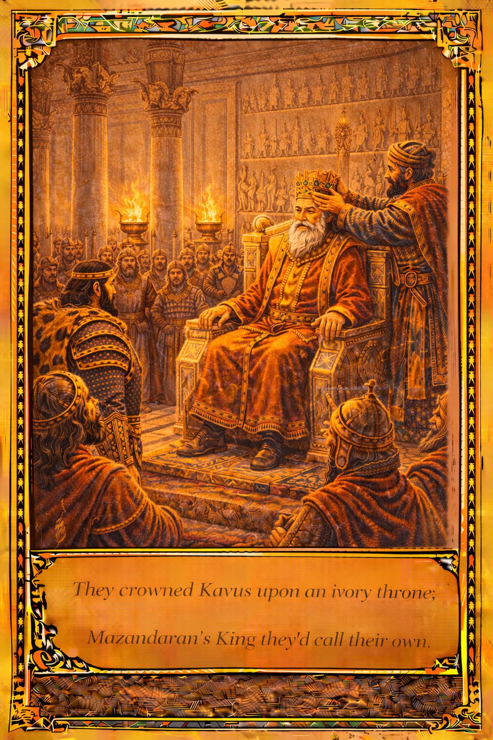 Illuminated card: Kay Kavus crowned on an ivory throne